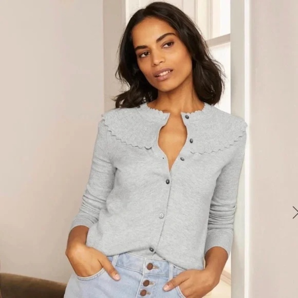 Boden Light Gray Scalloped Cardigan